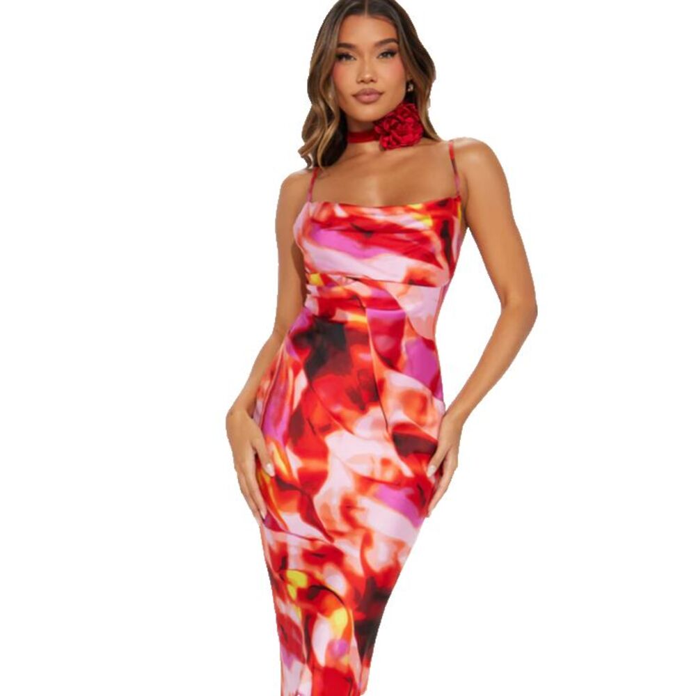 Fashion Nova Juniper Satin Maxi Dress Size S NWT Vibrant Pink Orange Multi Print